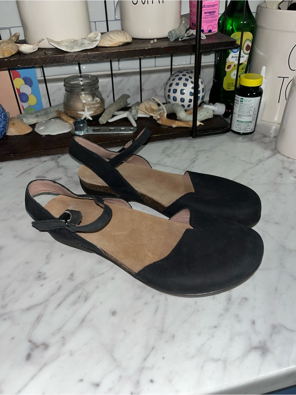 Dansko Black Nubuck Slingback Flats with Ankle Strap NWOT